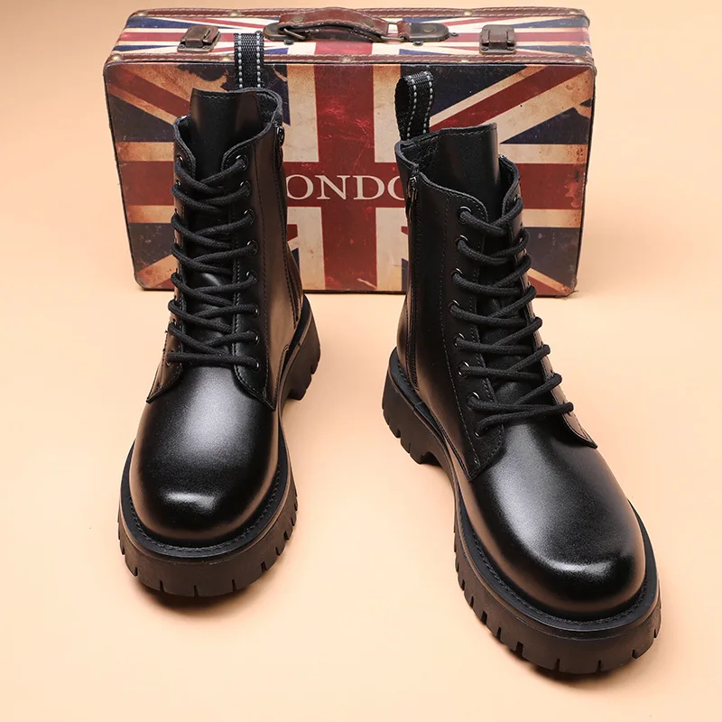 England style men\'s casual natural leather boots black trend platform shoes autumn winter cowboy boot handsome ankle botas mans