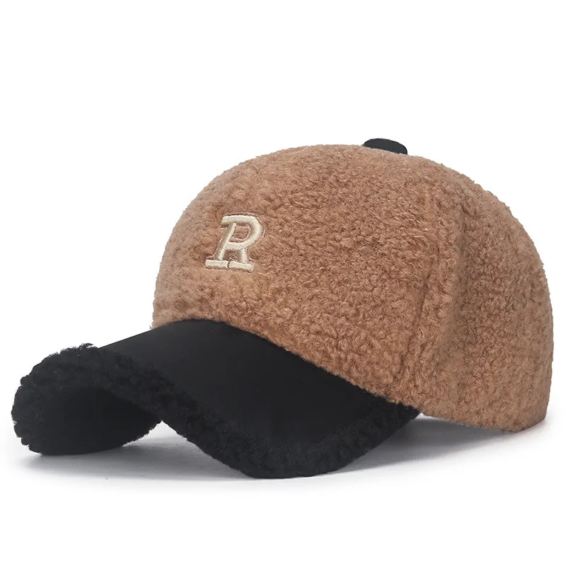 R Letter Imitation lamb fleece Blended Caps for women Autumn Winter All-match warm Plush Hat Suitable For Face Big Baseball Caps