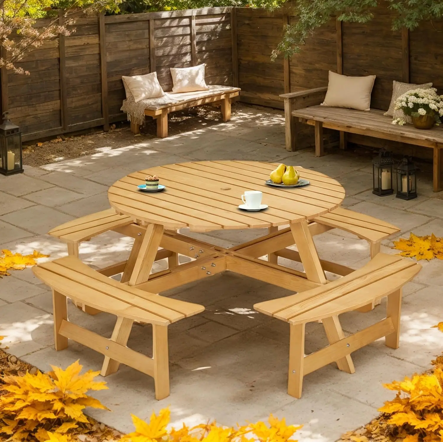 

8 Person Wood Picnic Table, Outdoor Round Picnic Table with 4 Built-in Benches, Umbrella Hole, Outside Table and, Customized