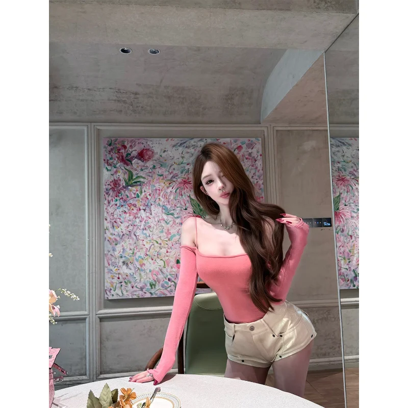 Sexy Vibe Long Sleeve One Shoulder Tight Fit Base Shirt Polyester Fiber Casual Wear Daily Scene Pure Color T-Shirt