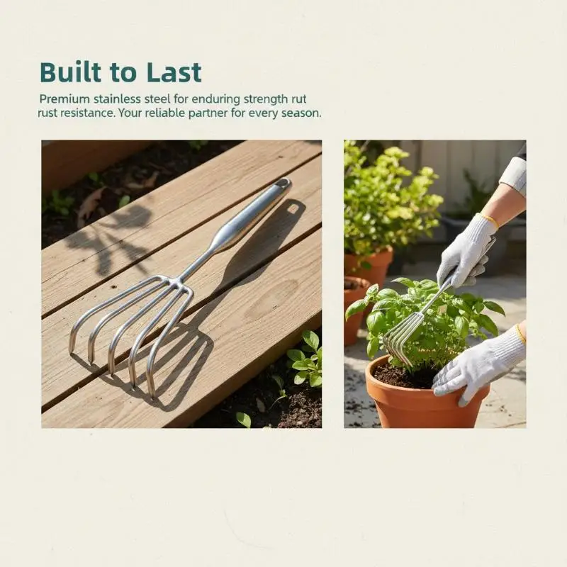 Multi-Claw Stainless Steel Garden Rake Integrated Solid Steel Handle Durable Small Rake for Vegetable Bed Soil Loosening