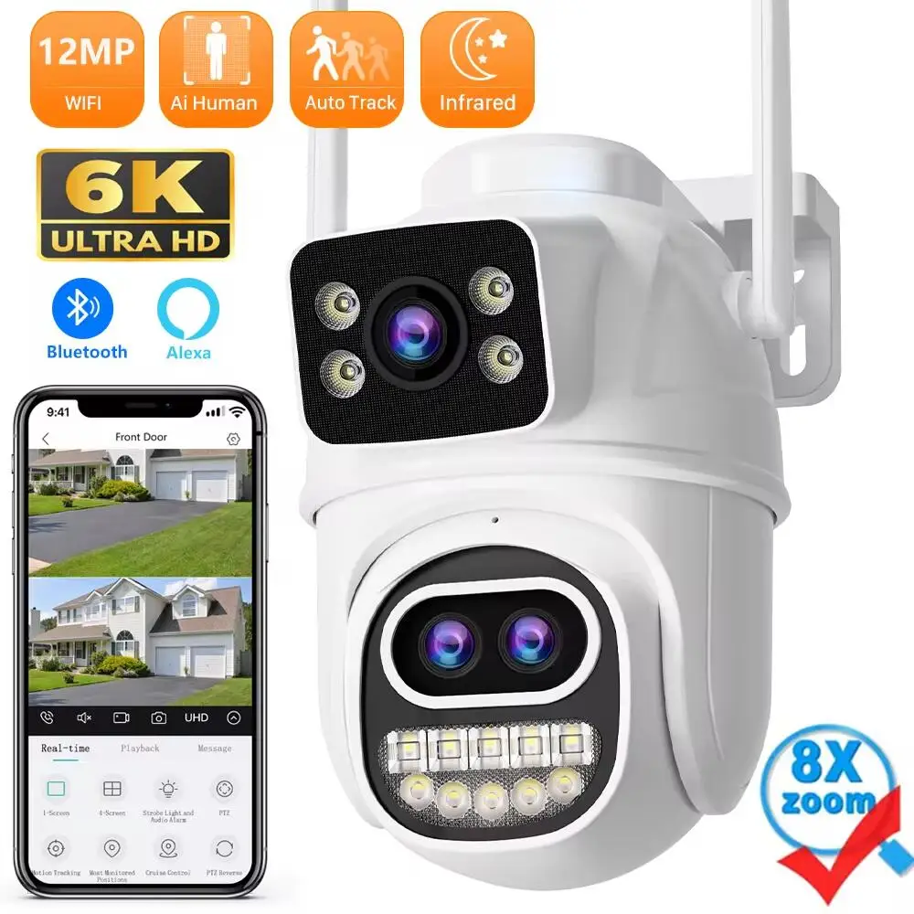 

12MP PTZ Wifi IP Camera 8X Digital Zoom Dual Screen Ai Human Detect Auto Tracking 8MP Wireless Outdoor Surveillance Camera icsee