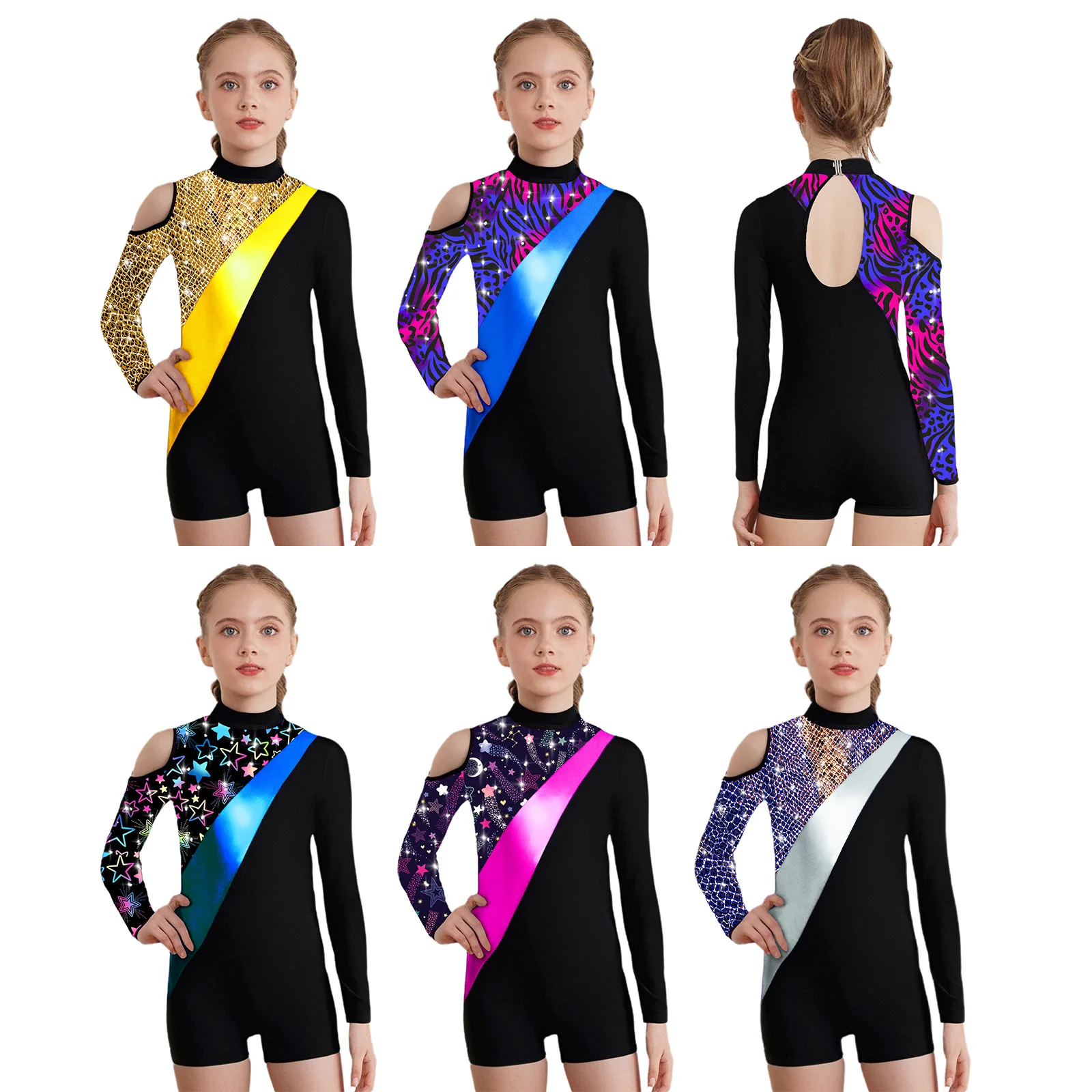 Costume da pattinaggio di figura per bambina con stampa di pattinaggio di figura, strass, balletto, danza, ginnastica, body a maniche lunghe, costume da spettacolo teatrale