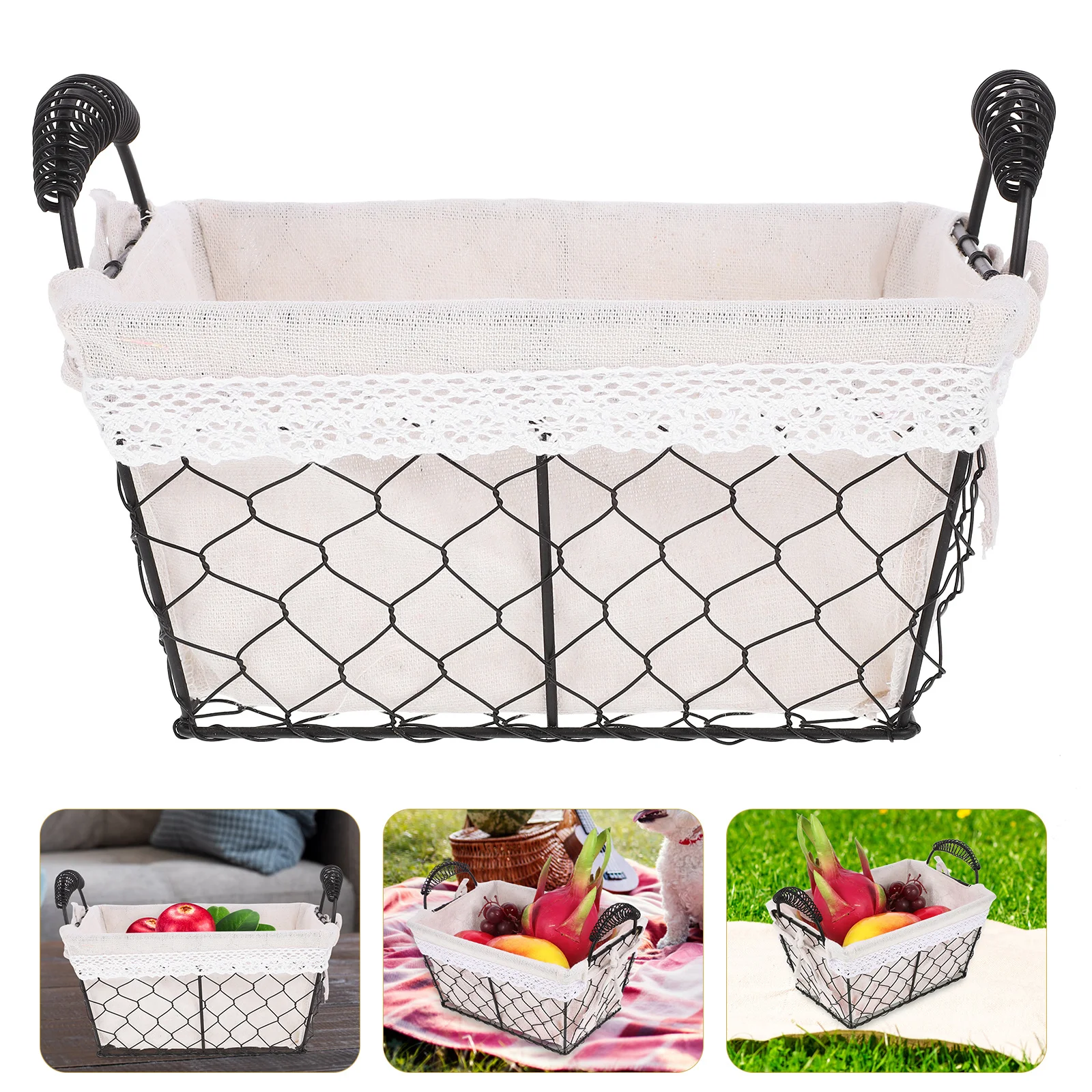 

Iron Wire Basket Nordic Style Detachable Lining Large Storage Food Fruit Basket Double Handle Snack Vegetable Organizer