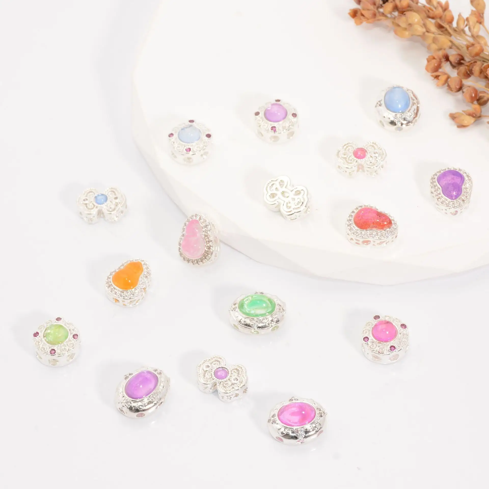 7 Pieces Jewelry Making Accessories Copper Silver Plated Inlaid with Moonstone Beads DIY Necklace Bracelet Material Wholesales