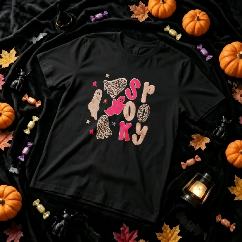 Halloween Spooky Leopard Ghost Bat Graphic T‑Shirt Retro Pink Star Print Casual Tops for Women Men Halloween Party Holiday Gift