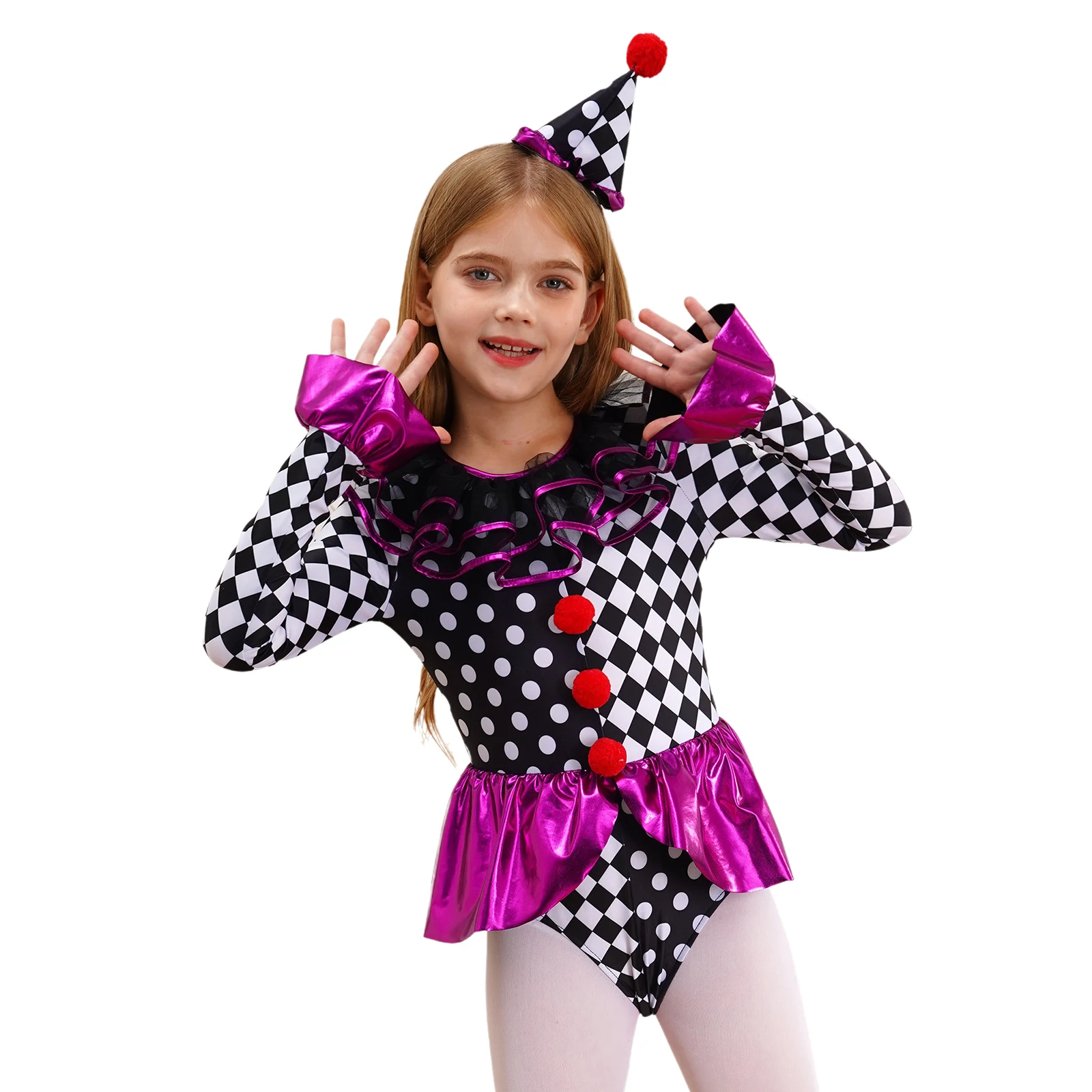 Halloween Party Circus Clown Costume Cosplay per bambini ragazze manica lunga Ruffle Checkerboard Polka Dots Red Pom Poms body Set