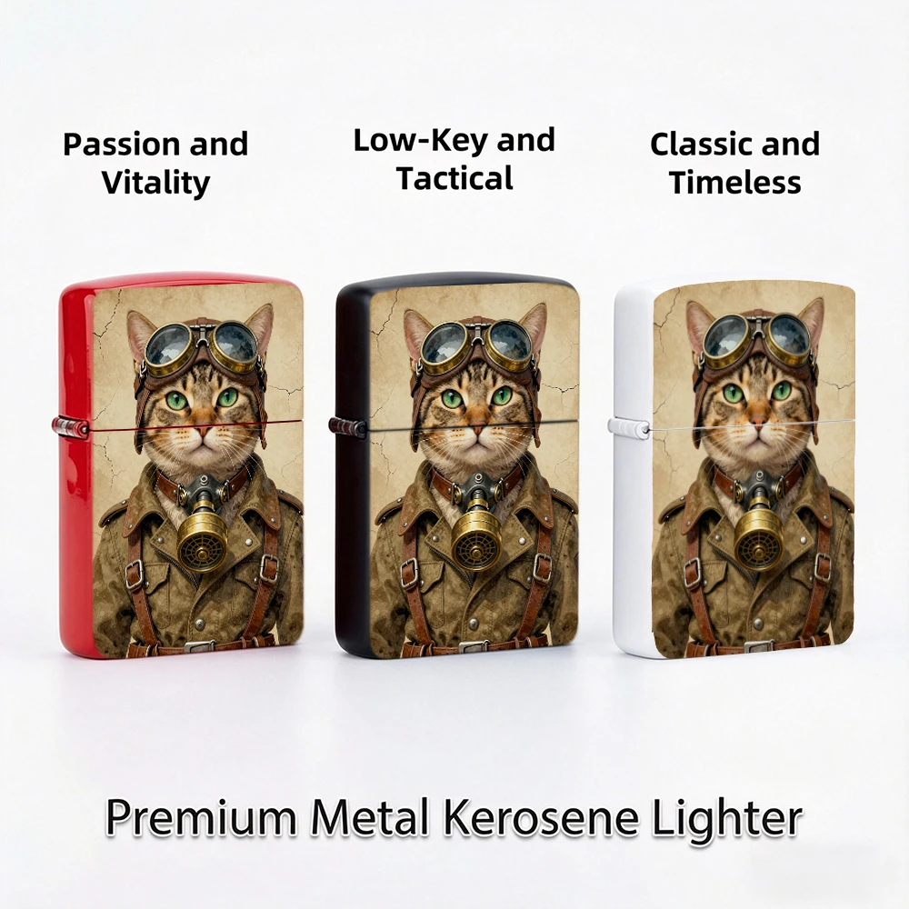 Vintage Flip Top Lighter lighters vintage Steampunk Pilot Cat With Goggles Gas Mask Print lighters for smokers For Collectible