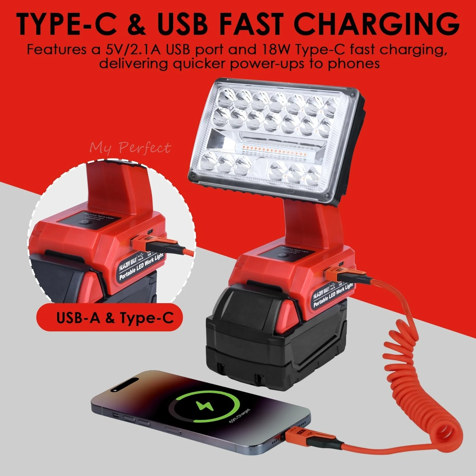 Linterna portátil compatible con baterías de Milwaukee 18V 18W 2000LM led inalámbrico luz de trabajo proyector con puertos de carga rápida USB 90 ° foco de cabeza ajustable para sitios de trabajo acampar interior al aire libre 3 modos de iluminación