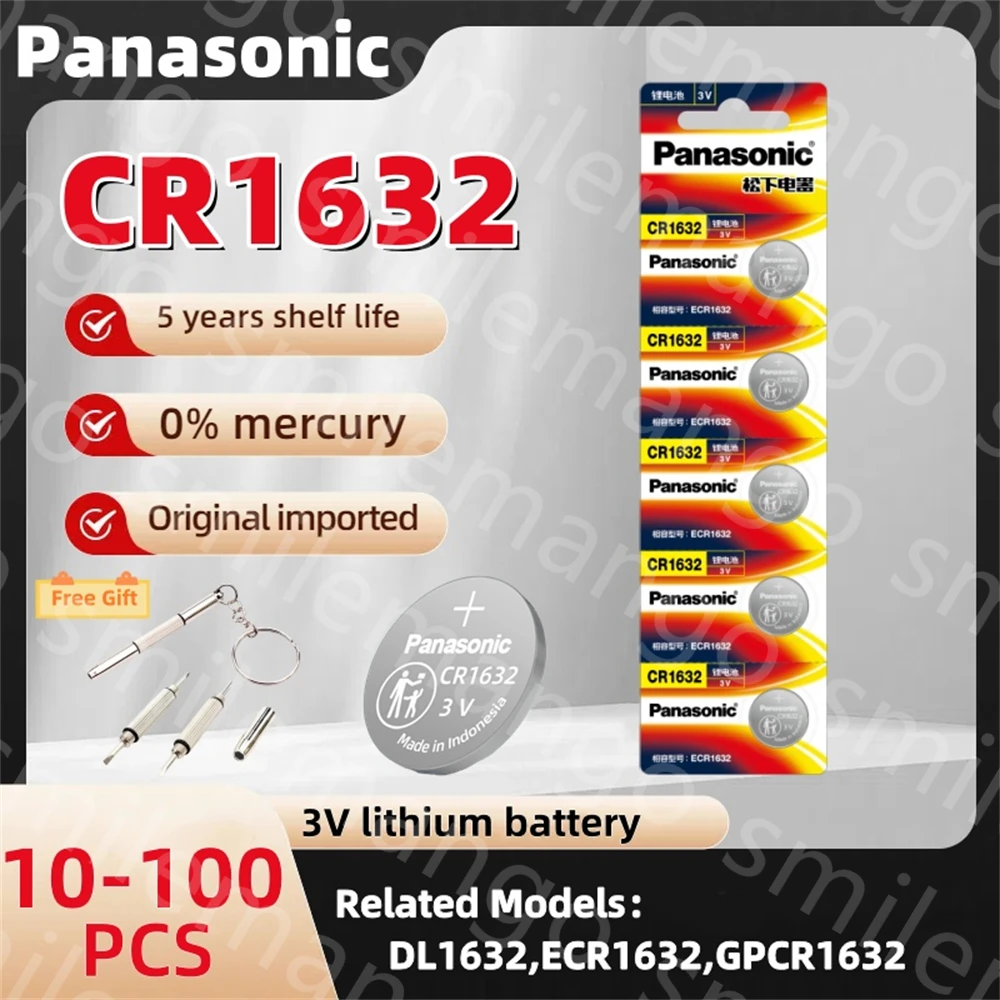 Panasonic 10-100pcs CR1632 3v lithium battery DL1632 BR1632 ECR1632 L1632 Car Key Remote Control CR 1632 Watch Button Battery