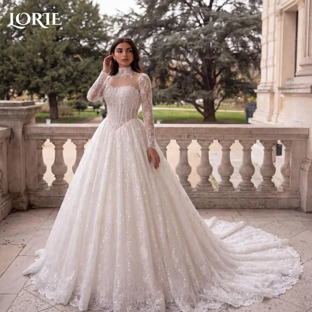 LORIE 3D Flowers Mermaid Wedding Dresses High Collar A-Line Puff Sleeve Long Sleeve Bridal Gown Princess Bride Dress Customized
