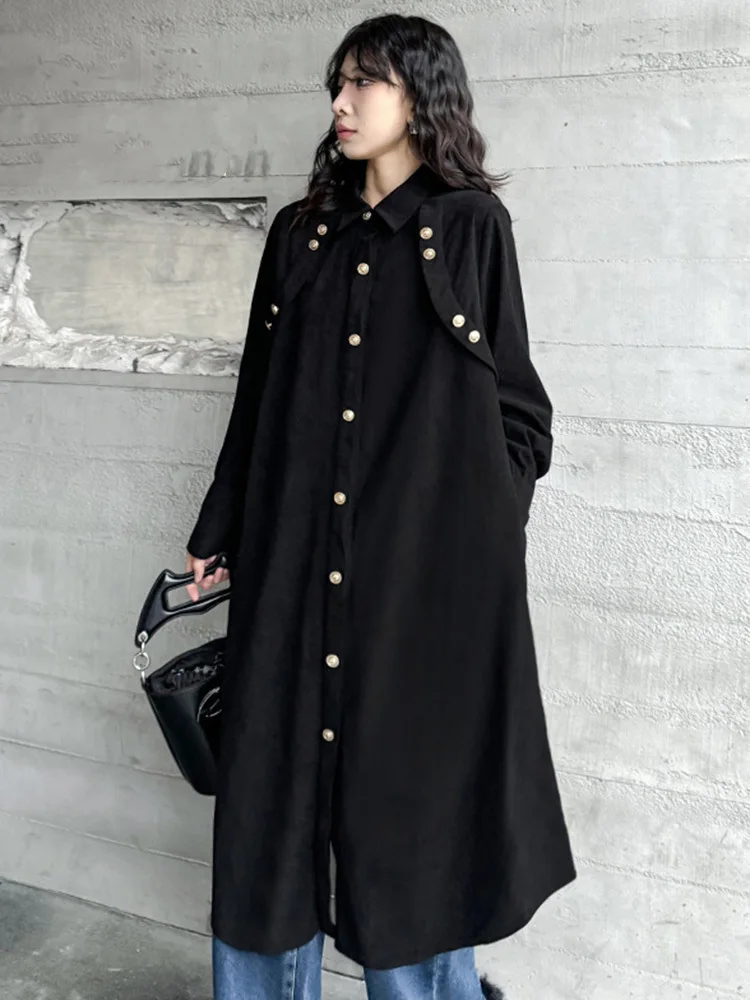 [EAM] Women Black Corduroy Big Size Midi Shirt Vintage Dress New Lapel Long Sleeve Fashion Tide Spring Autumn 2024 1DH4801