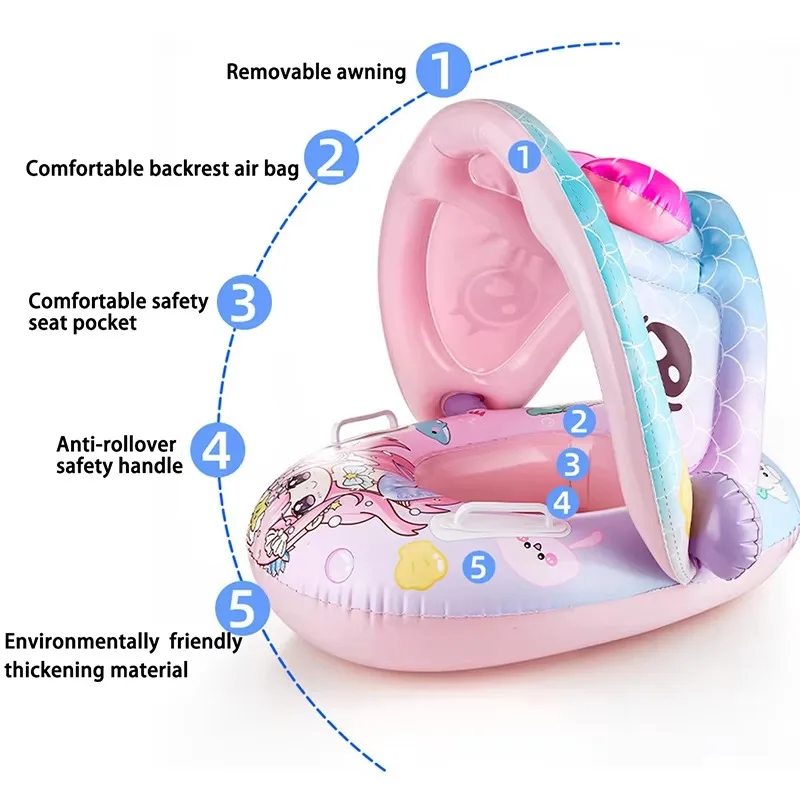 Cartoon Inflatable Toys Float Seat with Animal Printed Detachable Dual-purpose Shade Baby Water Toys Pool Bathroom Swimming Ring