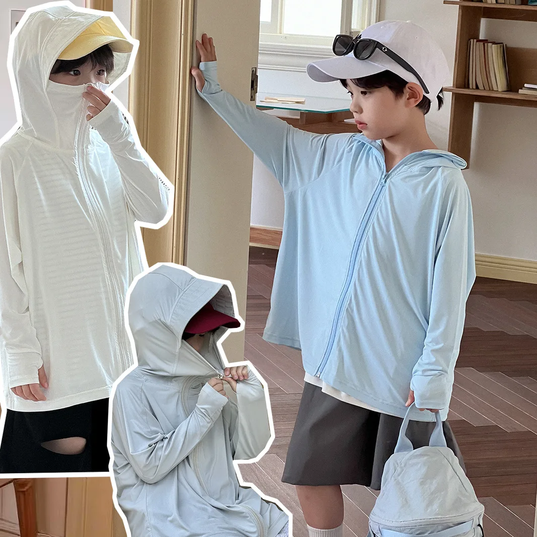 Camiseta de manga larga con capucha para bebé, ropa de seda de hielo, transpirable, fina, para exteriores, protección solar, novedad de verano
