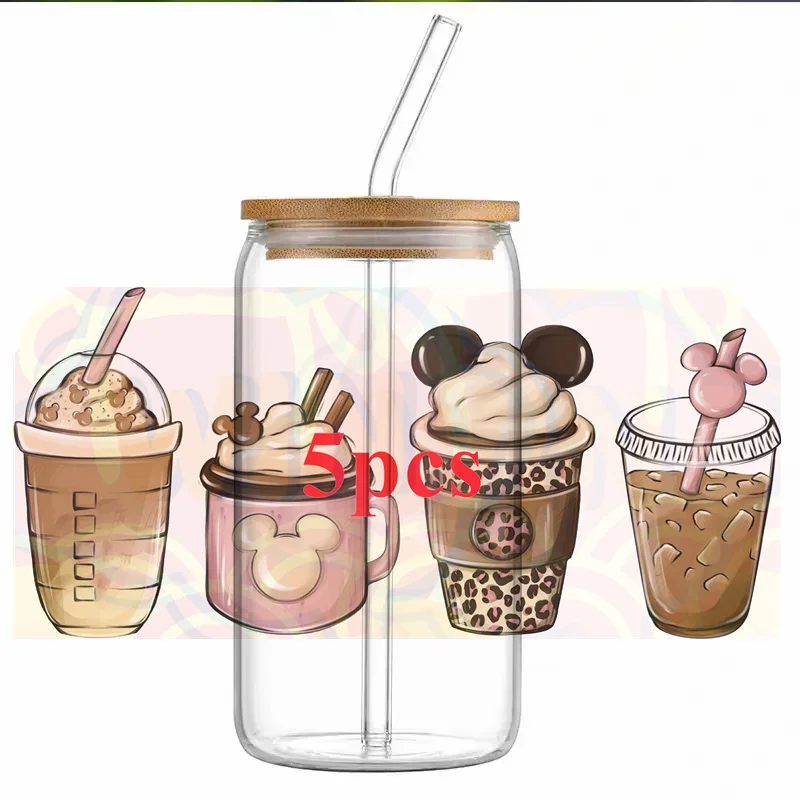 5pcs UV DTF Transfer Sticker For 16oz Libbey Glass Cups Wrap Transfer Stickers Waterproof Bottle Adhesive Sticker