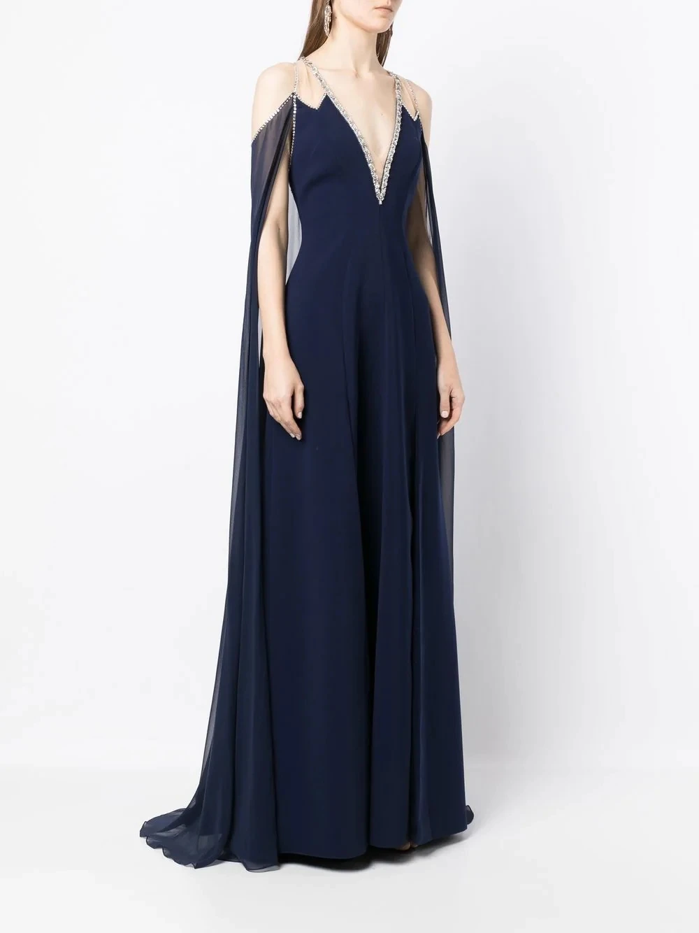 High End Navy Blue Chiffon Long Maxi Gowns Shiny Beaded V-neck A-line Formal Party Dresses With Cape Female Formal Dress