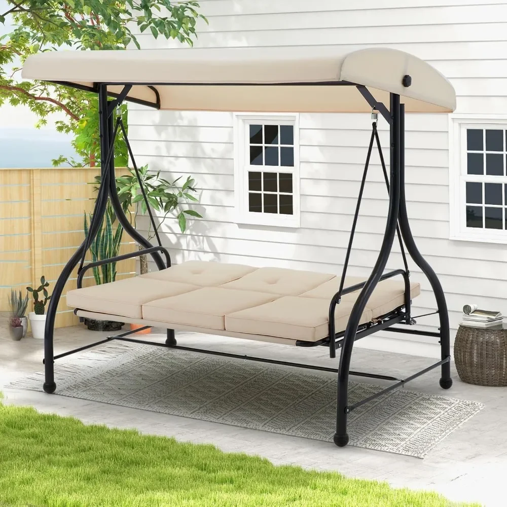 

Patio Swing Chair with Adjustable Backrest&Canopy, 3 Seat Porch Swing with Canopy 2-in-1 Convertible Outdoor Swing Patio