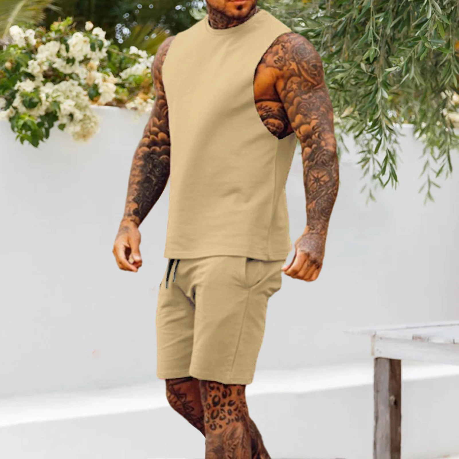 

Men Sports Suit Vest Pants Set Men's Summer Tank Top Wide Leg Pants Set with Drawstring Waist O-neck Vest Long Trousers for Men