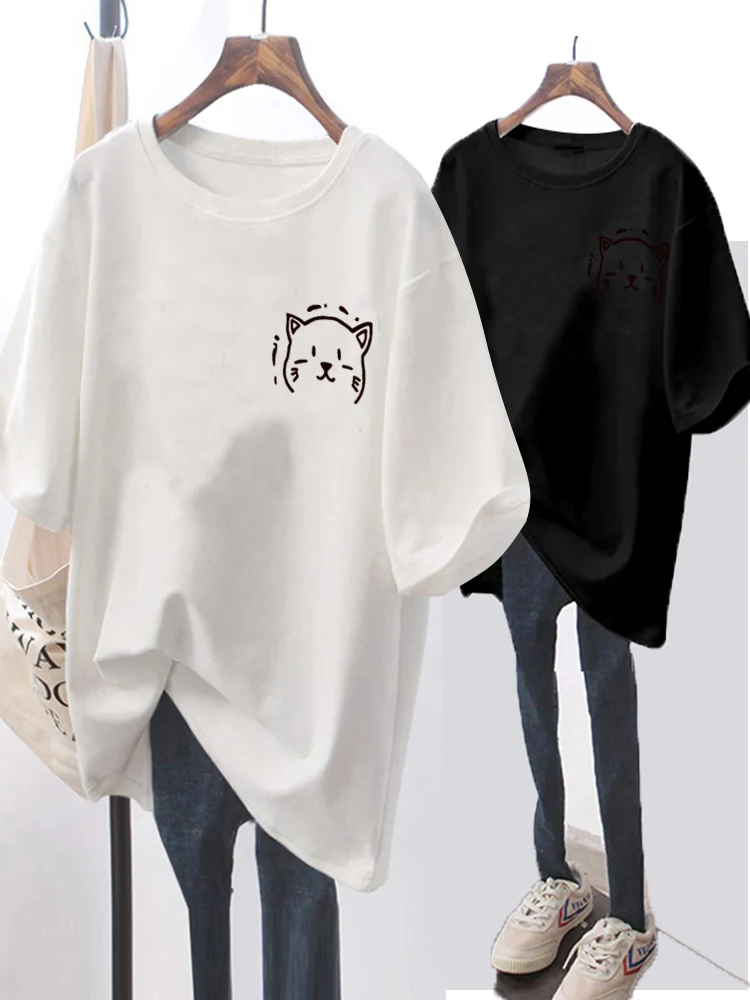 

Summer Fashion O Neck Short Sleeve T-shirt Women Cute Cat Graphic All-match Tees Harajuku Oversized Midi Casual Tops Clothes