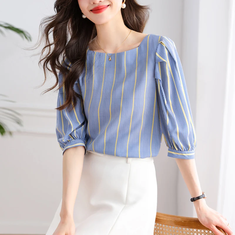 Striped Chiffon Blouses Women Fashion Loose Tops Short Sleeve Office Lady Shirts Blusa Feminina 2023 Summer Korean Woman Clothes