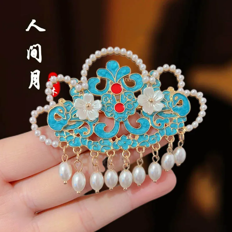 

Эмалированные заколки для волос с облаками, аксессуары для волос с жемчужной кисточкой, женские головные уборы ханьфу в древнем стиле, боковой зажим в китайском стиле