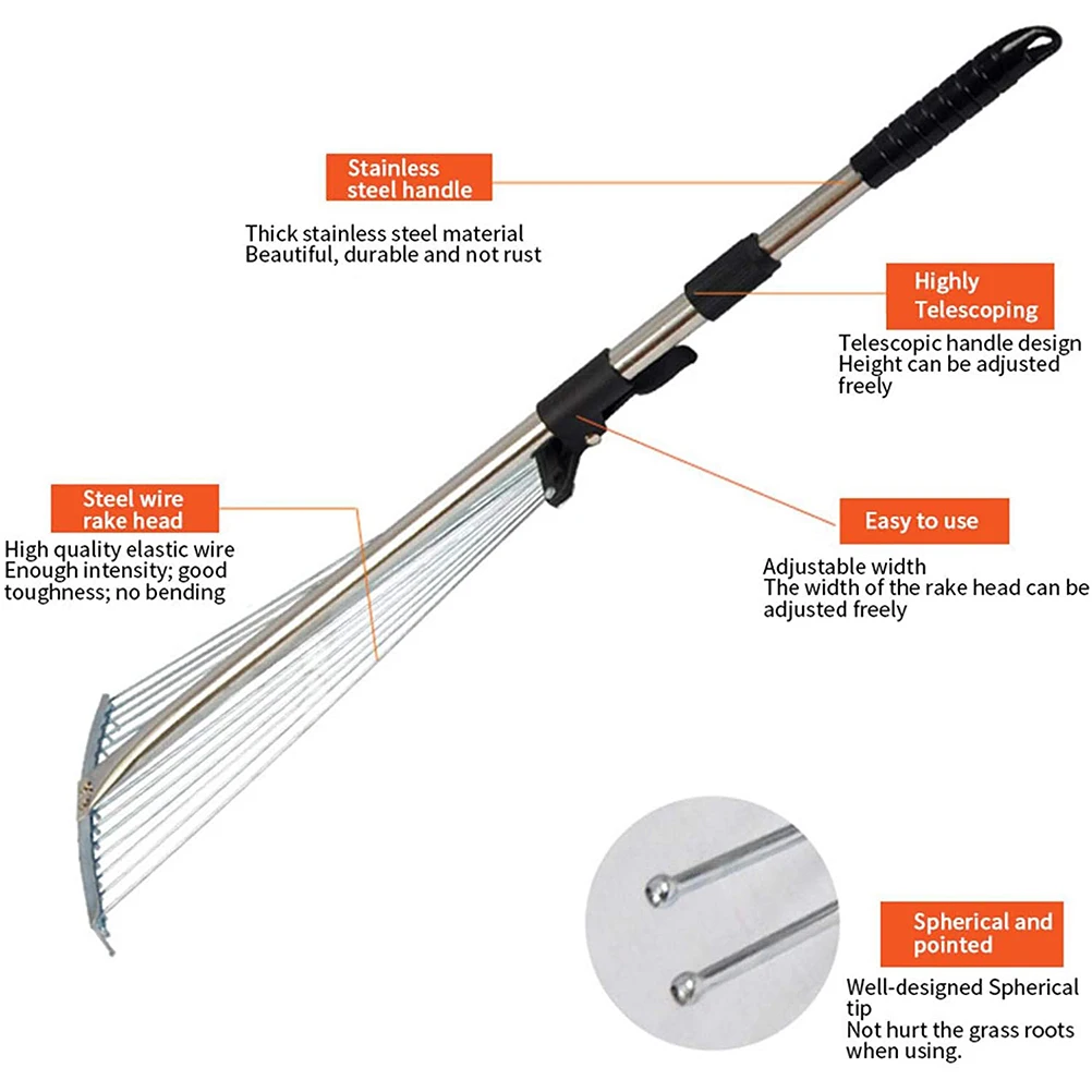 E2 조절 가능한 정원 잎 갈퀴 텔레스코픽 호미 잔디 도구 다중 톱니 금속 갈퀴 잔디밭 및 마당 도구용