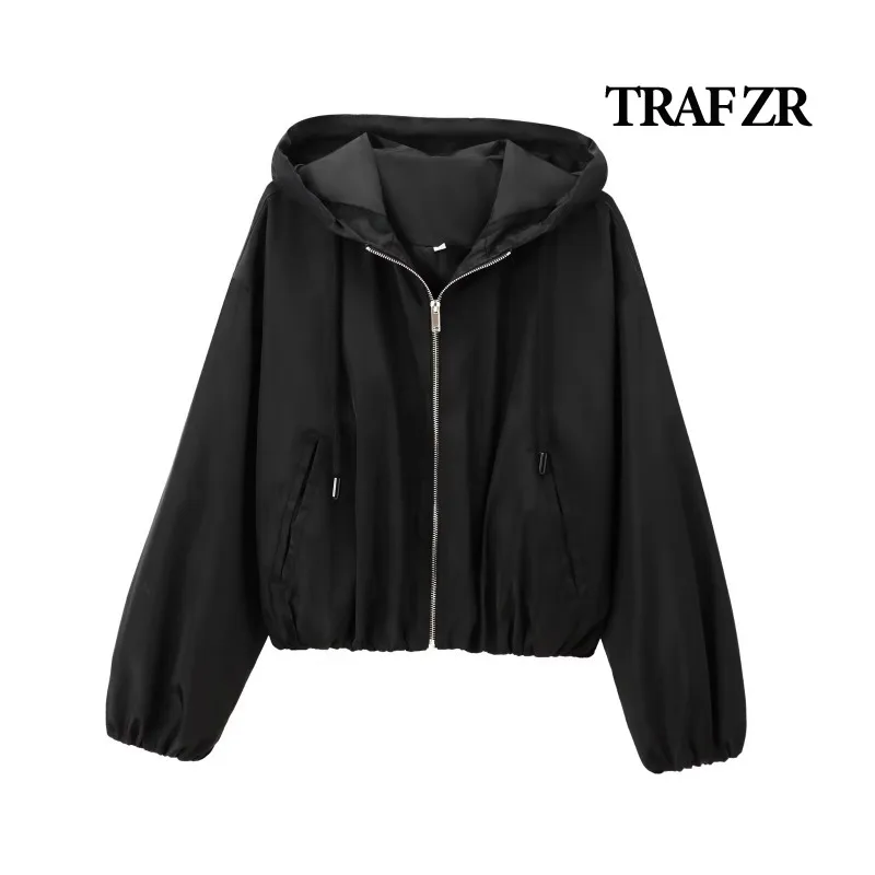 TRAF ZR Black Jacket with Hood Baseball Uniform Aviator Jackets New in Outerwears Ladies Fashion Casual Coats Lady Jackets