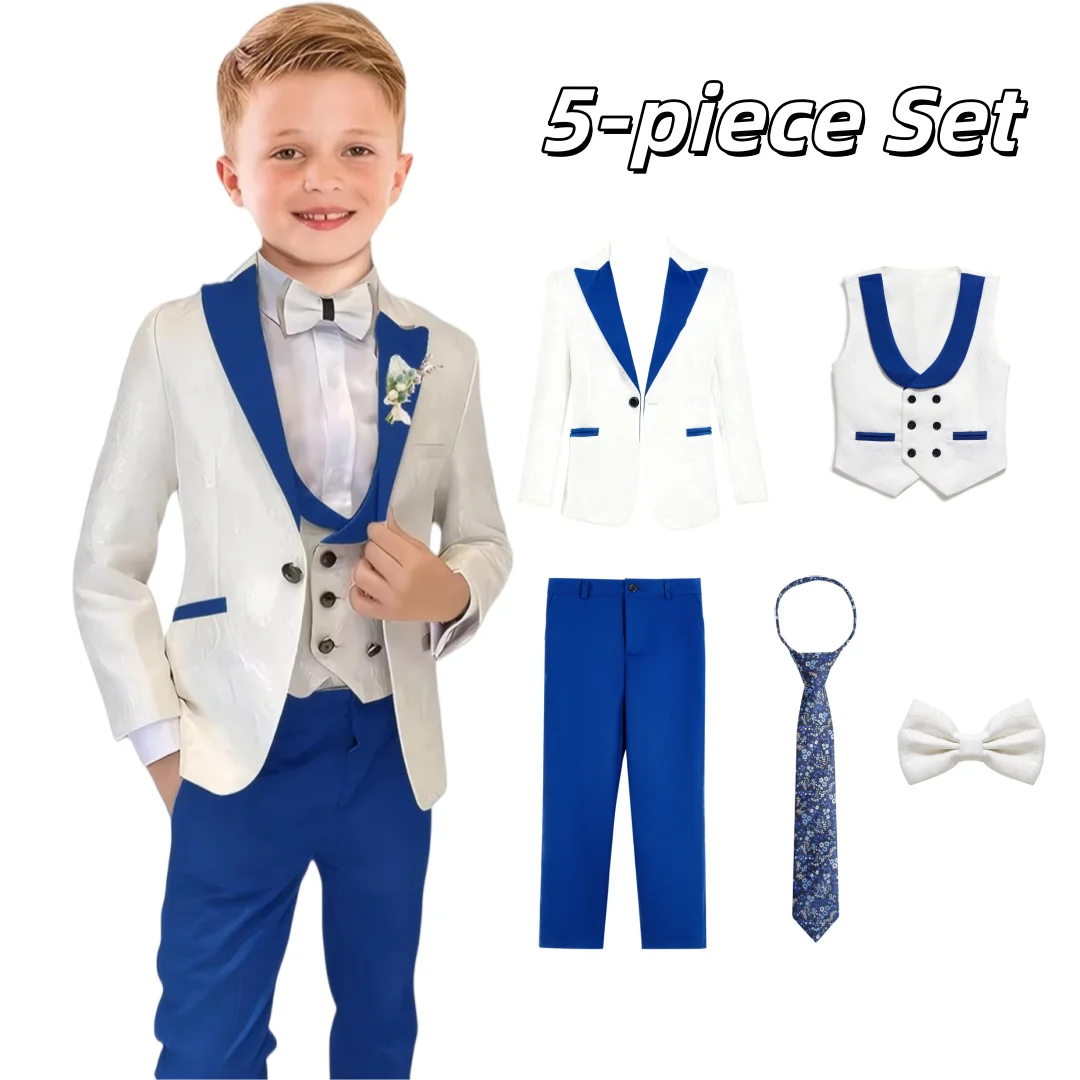

SHIP TODAY Boy's Jacquard Suit for Formal Occasion, Wedding Ring Bearer Suits, Luxury 5-Piece Set Jacket Vest Pants Bowtie & Tie