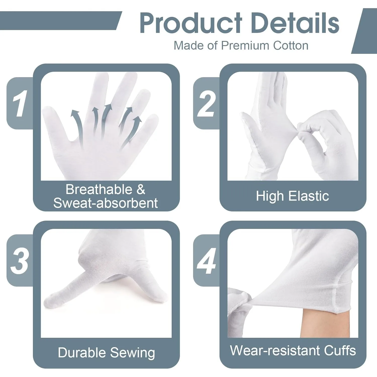 12pair White Cotton Gloves, Breathable Stretch Gloves for Jewelry Inspection, Wenwan Collecting, Formal Ceremony