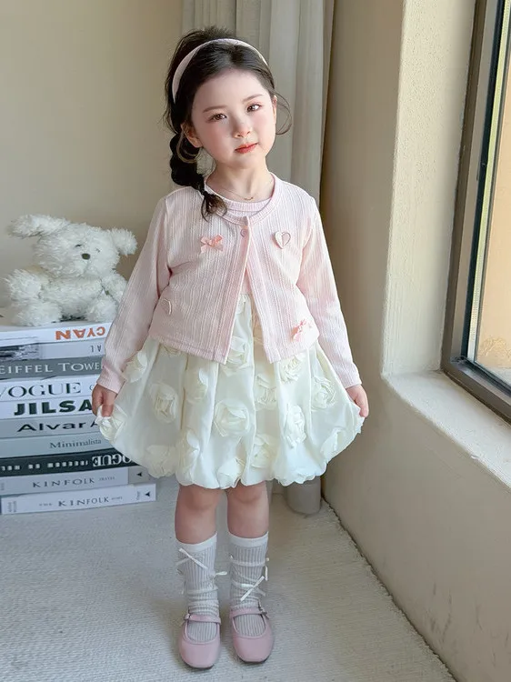 

Pink Open Cardigan Set Children's Faionable Spring Outfit Two-Piece Suit for Girls High Waist Long Pants Cotton Blend