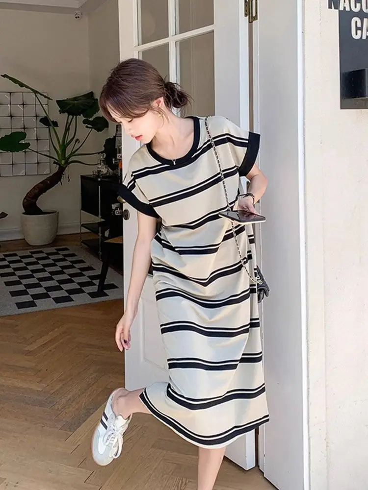 Or Sve Dr – T-shirt d'été à rayures en soie glacée, longueur aux genoux, grande taille, ample, couvrant le ventre, jupe longue amincissante, style coréen