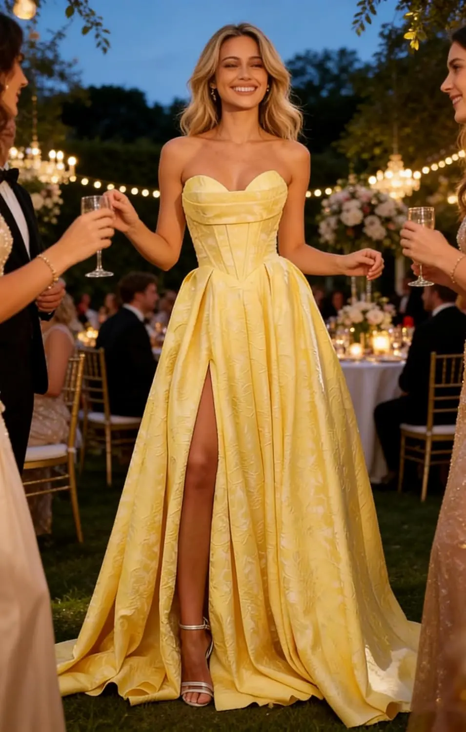 

Elegant Women Strapless Prom Dress Jacquard Satin Ball Gown Pleated A Line Long Corset Formal Evening Dresses with Slit Pockets