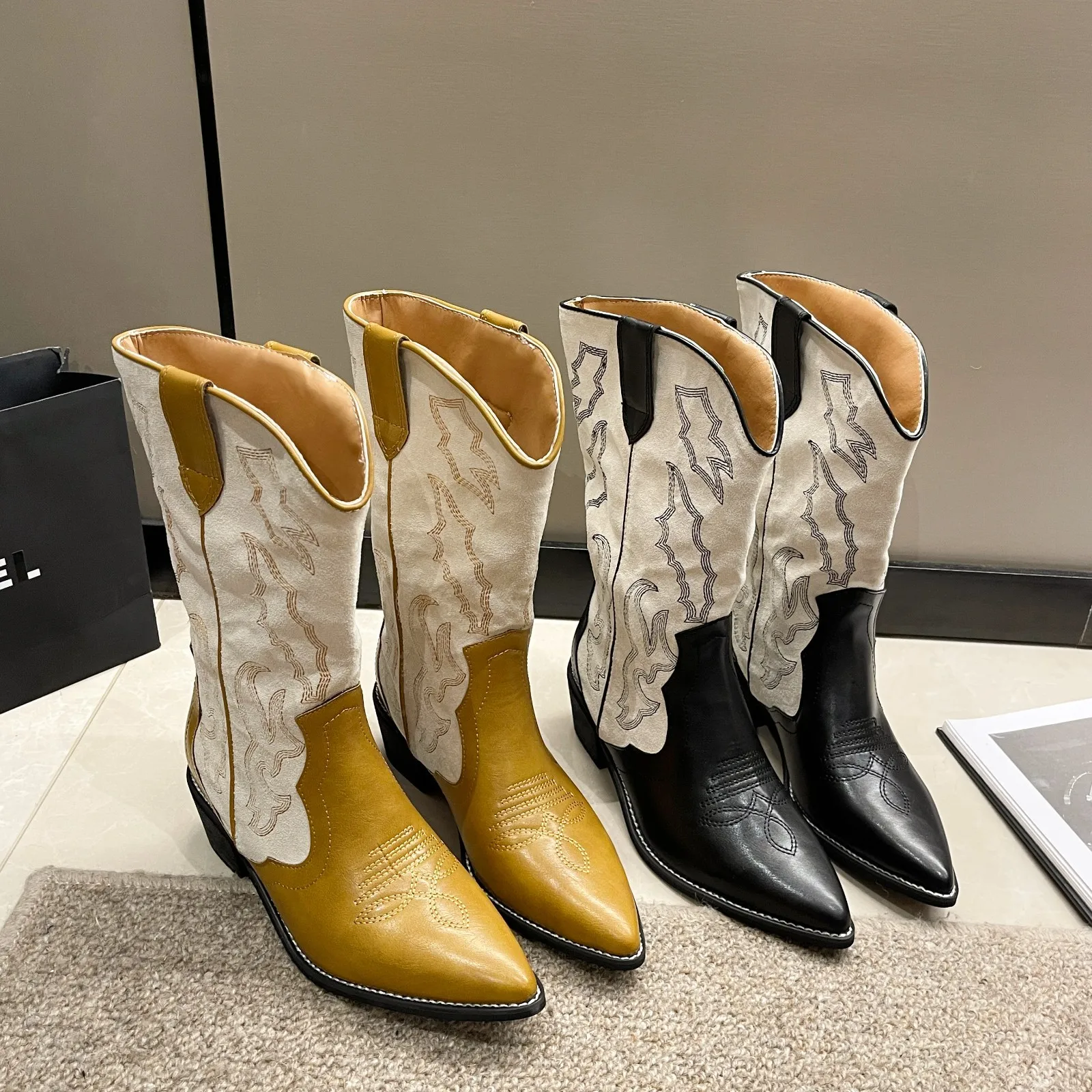 2023 Natural Embroidered Women Boots Leather Handmade Pointed Toe Spike Heel Autumn Winter Boots Cowboy New Western Retro Botas