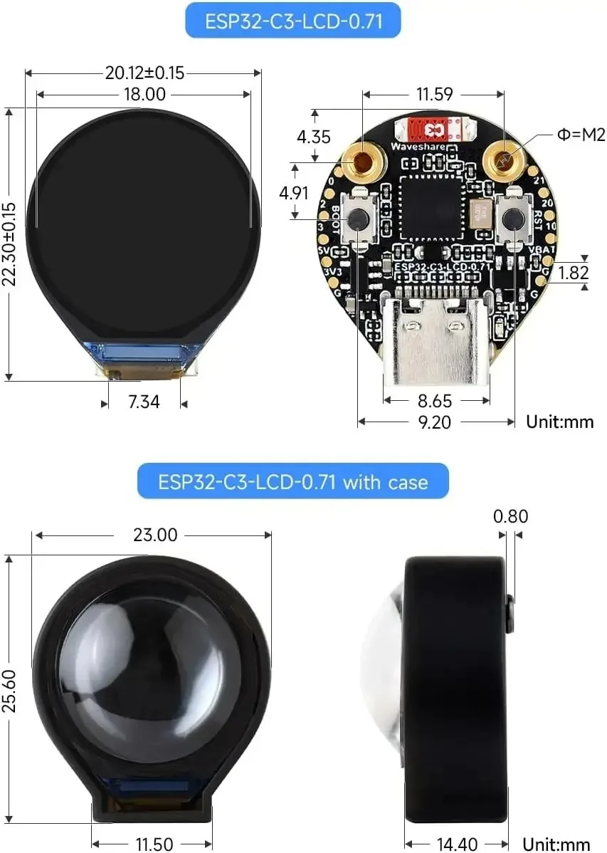 Waveshare ESP32-C3 0,71 Zoll IPS SPI Rundes Display LVGL GUI Entwicklungsboard für Arduino IDE 160x160 ESP32 Display für Uhren