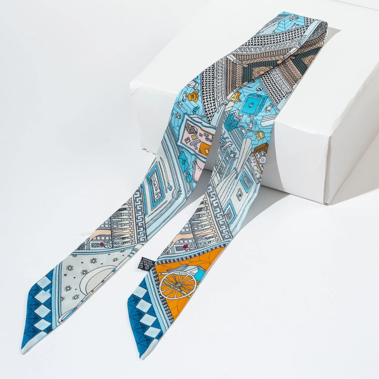 Sciarpa di seta stampata esotica per borse Elastici per capelli Bordo inclinato su entrambi i lati Striscia stretta Simulazione multiuso Nastro di raso