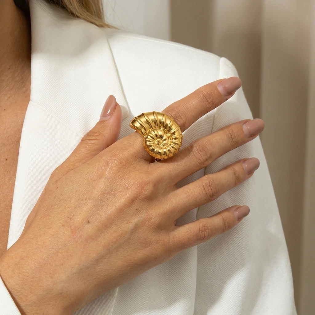 Übertriebener geometrischer Herz-Offenring für Damen, Edelstahl, vergoldet, Seestern-Muschel-Ring, Sommerparty-Schmuckgeschenke – Detail 4