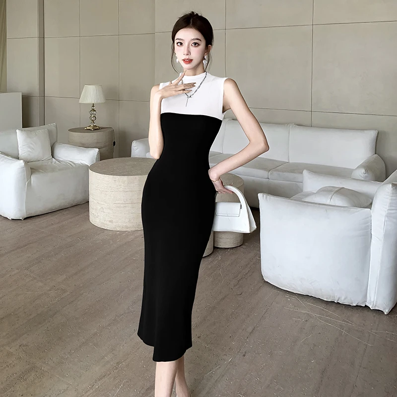 Women Bodycon Dress 2025 Summer Sexy Slim Knit Vest Pencil Dresses Sleeveless O-neck Color-blocked Korean Ladies Vestidos Mujer