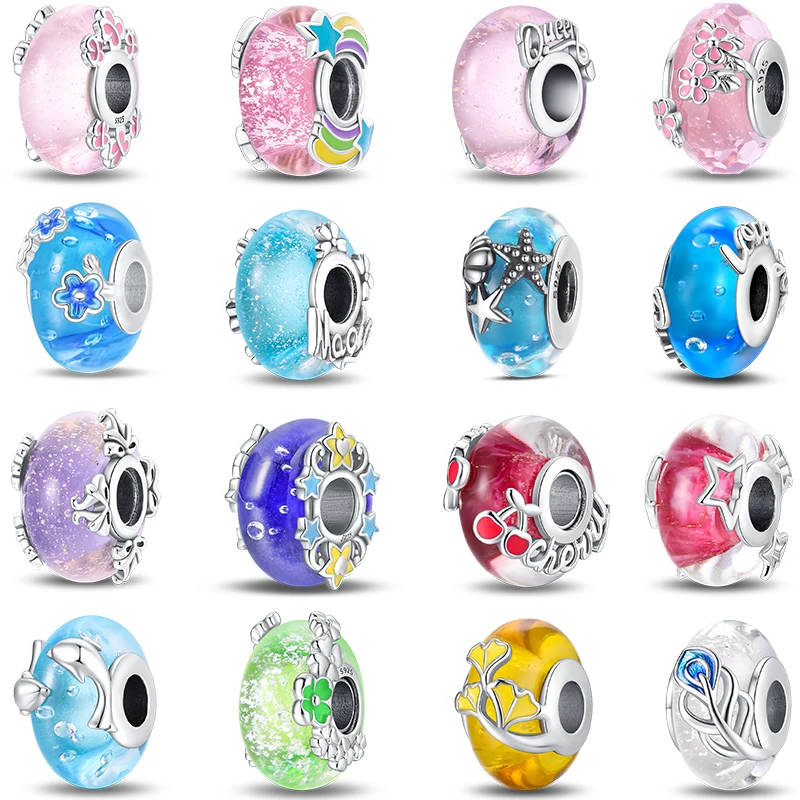 

100% 925 Sterling Silver Flower Ocean Starry Sky Cherry Luminous Sweet Charms Beads Fit Pandora Original Bracelets DIY Jewelry