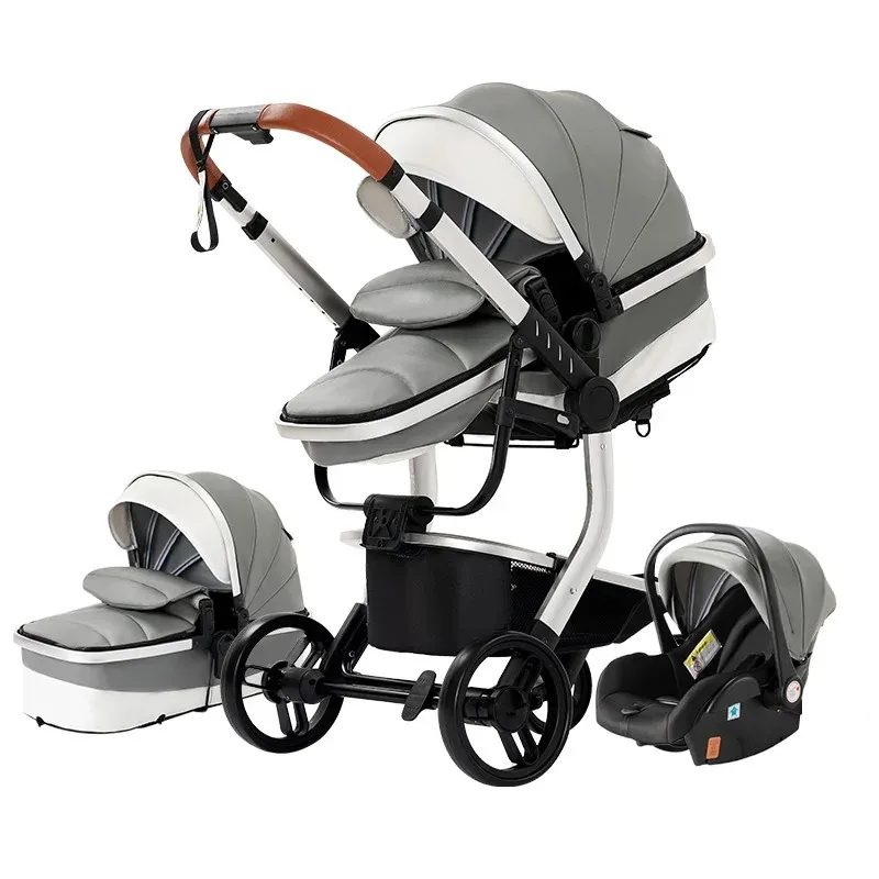 3 in 1 stroller Baby stroller Newborn Stroller High Quality Baby Carriage Senior Baby Portable Rubber Wheel PU leather Parm