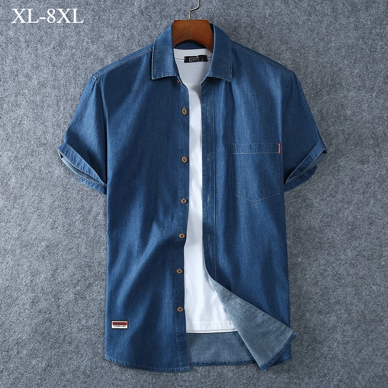 

Летние рубашки мужские хлопковые джинсовые с коротким рукавом Camisa Hombre 6XL 7XL 8XL плюс размер с отложным воротником повседневная мужская блузка уличная одежда