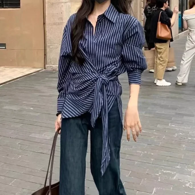 

Elegant Striped Long Sleeve Women's Shirt with Tie Design Split 2025 Spring Autumn Style Slim Fit Polo Collar Button Detail