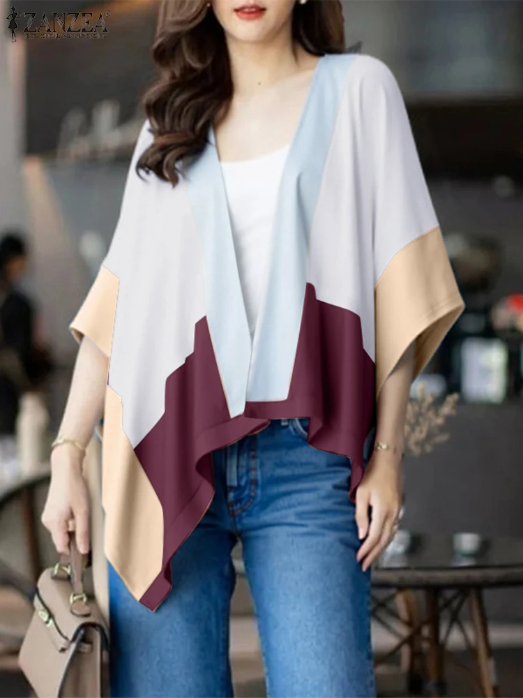 

ZANZEA Women Fashion Cardigans Color Patchwork Shirts 2025 Autumn Bat Sleeve Kinomo Casual Loose Open Stitch Vintage Blusas