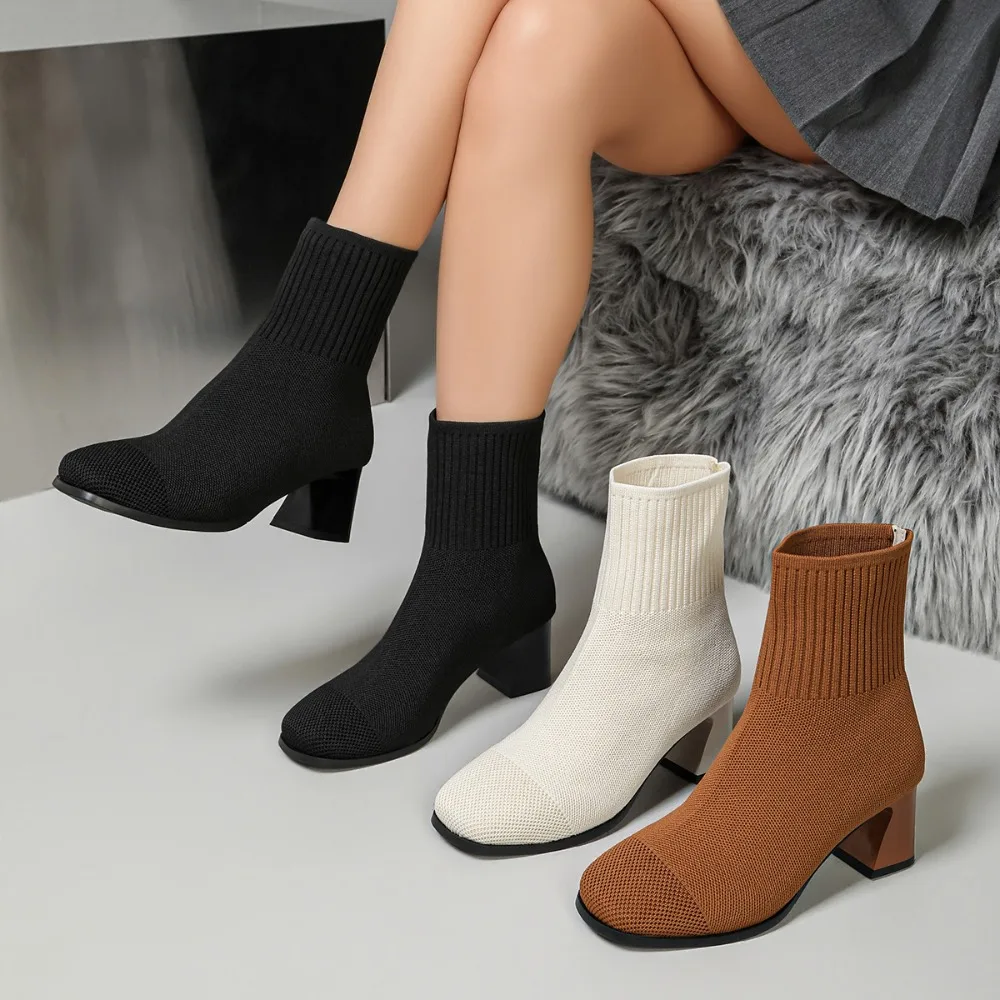 Botines de Mujer con Tacón de Punto, Tacones Altos, Modelos de Primavera, Otoño e Invierno, Beige, Negro, Amarillo, Botines de Moda con Calcetines Elásticos para Mujer