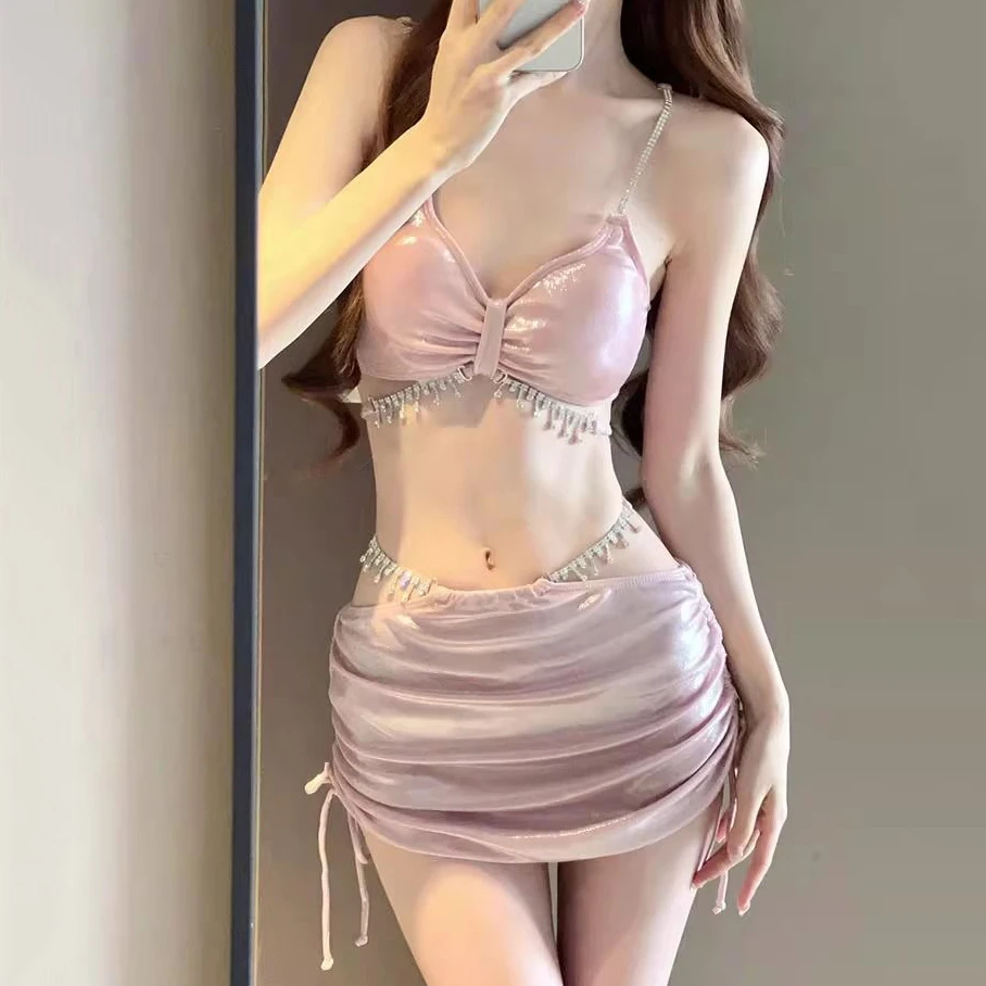 Rosa brilhante strass coreano roupa de banho mini saias biquinis define corda cruz sexy maiô 2025 maiô férias praia wear