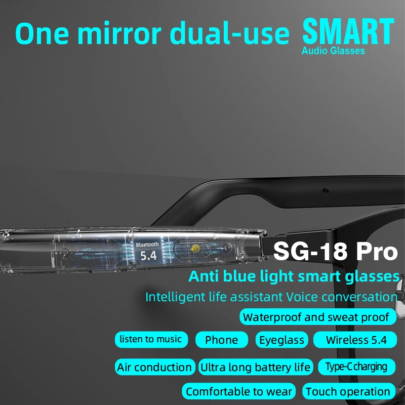 نظارات صوت ذكية جديدة SG-18 Pro مضادة للضوء الأزرق بلوتوث مكالمة نظارات شمسية رياضية خارجية مع ميكروفون ومساعد صوت للمكالمات الموسيقية