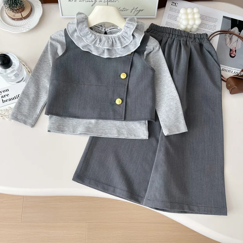 

Children's Set New Autumn Girl Baby Cute Lace Collar Long Sleeve Blazer Vest with Pants Elegant Three-Piece Set