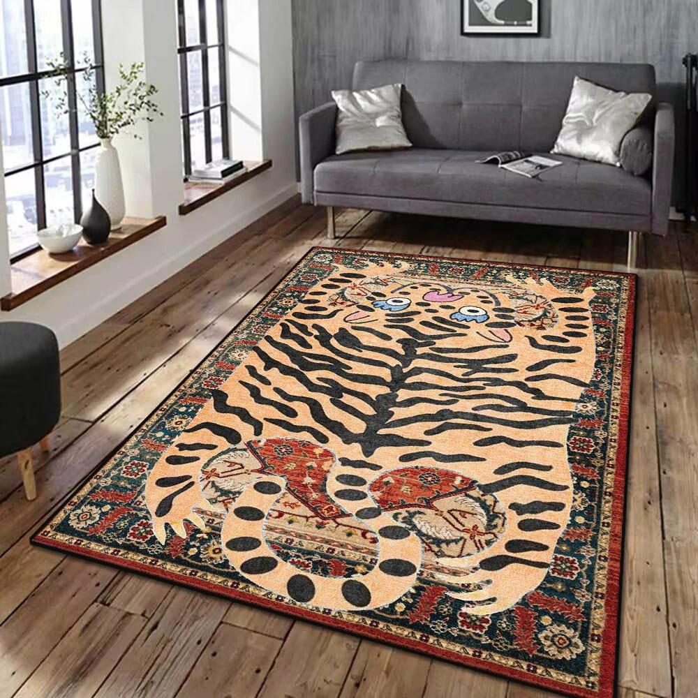 Statement Tribal Boho Area Rug Ethnic Animal Print Orange Gold Design for Living Room Hallway Decor Carpet Runner