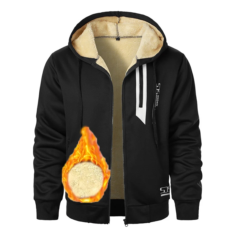Fashion Printed Plus Fleece Cardigan Coat Men Autumn Winter Thicken Warm Hooded Jacket Loose Casual Zipper Sweatshirts for Man