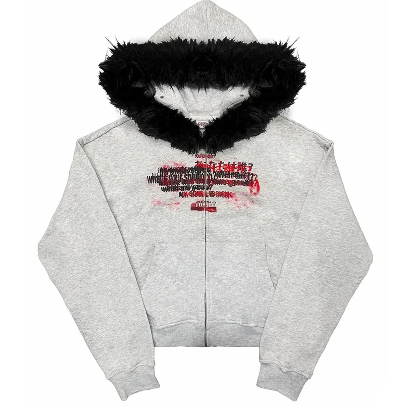 تصميم أزياء الخريف والشتاء الأوروبية والأمريكية لعام 2025 على الطراز الداكن المطبوع في الشارع بتصميم عتيق قابل للفصل مع قلنسوة من القطيفة