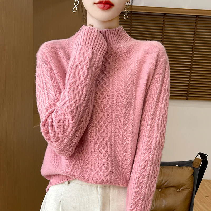 

Women Fashion Basic 100% Merino Wool Solid Color Mock Neck Sweater Long Sleeves Pullover Cashmere Soft Gentle Warm Clothing Top